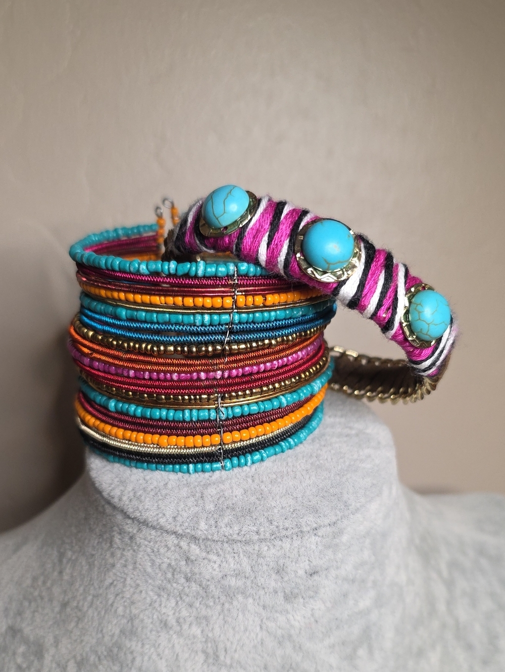 2 Boho Cuff Bracelets Multicolor Mix of Materials